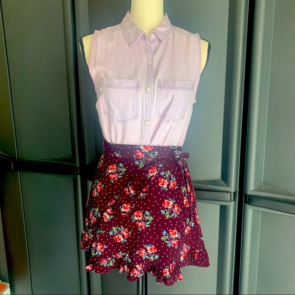 Aeropostale maroon polka dot and floral ruffle skirt / wrap